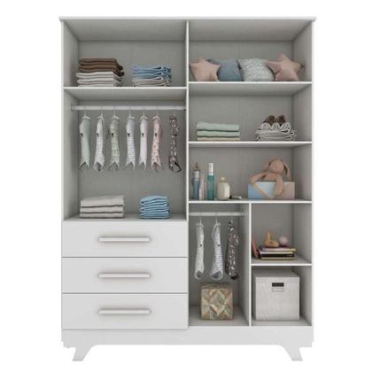 Imagem de Quarto de Bebê Completo Berço Retrô com Guarda Roupa 4 Portas 3 Gavetas Móveis Peroba Branco Brilho