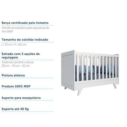 Imagem de Quarto de Bebê Completo Berço Retrô com Guarda Roupa 4 Portas 3 Gavetas Móveis Peroba Branco Brilho