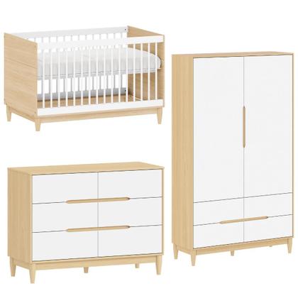 Imagem de Quarto de Bebê Completo com Berço 2 em 1, vira Mini Cama Cômoda 6 Gavetas e Guarda Roupa 2 portas Tomi  Branco com Carvalho