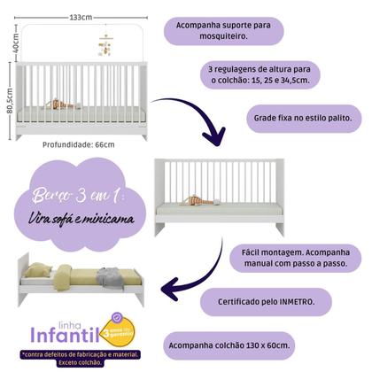 Imagem de Quarto de Bebê Completo com Berço 3 em 1 com Colchão Incluso Brisa Multimóveis MP4537