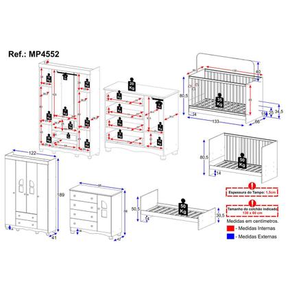 Imagem de Quarto de Bebê Completo com Berço 3 em 1 para Colchão 130x60cm Aurora Multimóveis MP4552