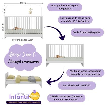 Imagem de Quarto de Bebê Completo com Berço 3 em 1 para Colchão 130x60cm Aurora Multimóveis MP4552