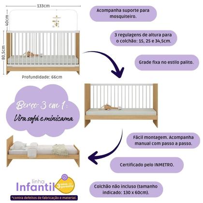 Imagem de Quarto de Bebê Completo com Berço 3 em 1 para Colchão 130x60cm Aurora Multimóveis MP4556