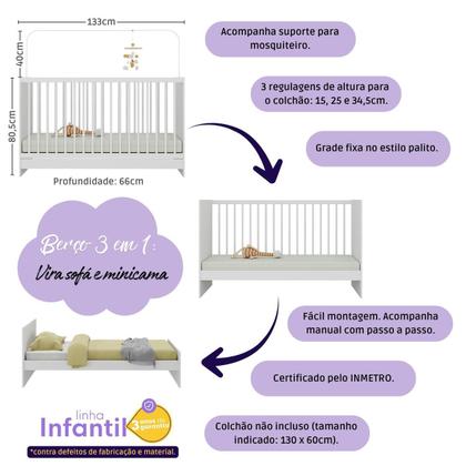 Imagem de Quarto de Bebê Completo com Berço 3 em 1 para Colchão 130x60cm Brisa Multimóveis MP4529