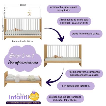 Imagem de Quarto de Bebê Completo com Berço 3 em 1 para Colchão 130x60cm Sol Multimóveis MP4518