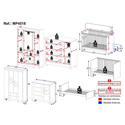 Imagem de Quarto de Bebê Completo com Berço 3 em 1 para Colchão 130x60cm Sol Multimóveis MP4518