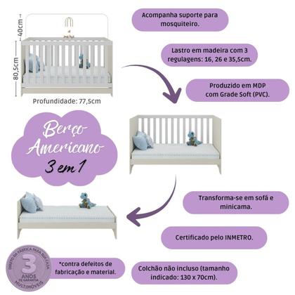 Imagem de Quarto de Bebê Completo com Berço Americano 3 em 1 Bombom Multimóveis MP4622