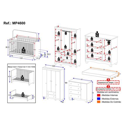 Imagem de Quarto de Bebê Completo com Berço Americano 3 em 1 Colchão Incluso Dengo Multimóveis MP4600