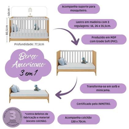 Imagem de Quarto de Bebê Completo com Berço Americano 3 em 1 Colchão Incluso Dengo Multimóveis MP4600