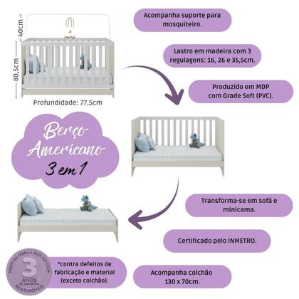 Imagem de Quarto de Bebê Completo com Berço Americano 3 em 1 Colchão Incluso Pirulito Multimóveis MP4637
