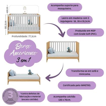Imagem de Quarto de Bebê Completo com Berço Americano 3 em 1 Colchão Incluso Ternura Multimóveis MP4667
