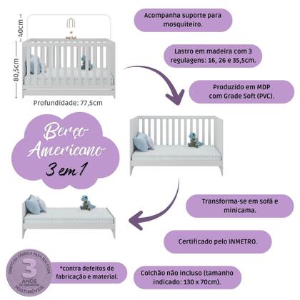 Imagem de Quarto de Bebê Completo com Berço Americano 3 em 1 Fofura Multimóveis MP4649