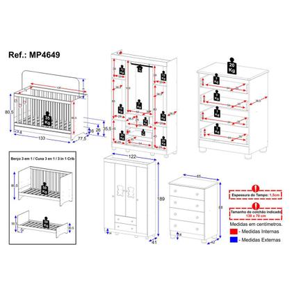 Imagem de Quarto de Bebê Completo com Berço Americano 3 em 1 Fofura Multimóveis MP4649