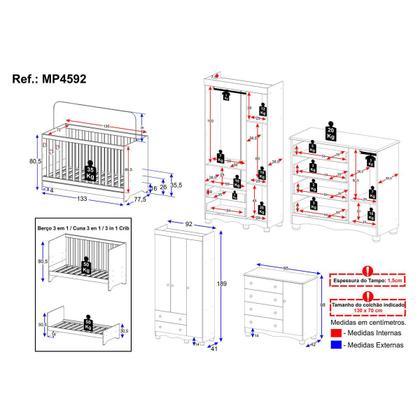 Imagem de Quarto de Bebê Completo com Berço Americano 3 em 1 para Colchão 130x70cm Dengo Multimóveis MP4592