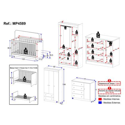 Imagem de Quarto de Bebê Completo com Berço Americano 3 em 1 para Colchão 130x70cm Encanto Multimóveis MP4589