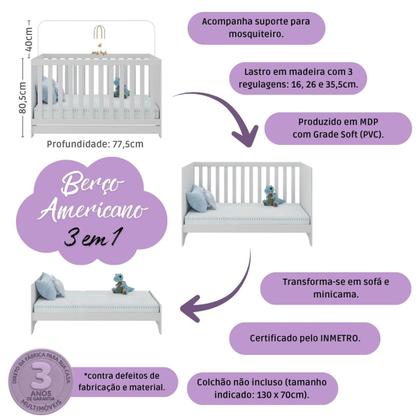 Imagem de Quarto de Bebê Completo com Berço Americano 3 em 1 para Colchão 130x70cm Realeza Multimóveis MP4583