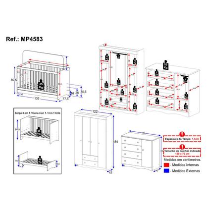 Imagem de Quarto de Bebê Completo com Berço Americano 3 em 1 para Colchão 130x70cm Realeza Multimóveis MP4583