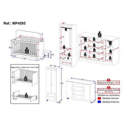 Imagem de Quarto de Bebê Completo com Berço Americano 3 em 1 para Colchão 130x70cm Realeza Multimóveis MP4595