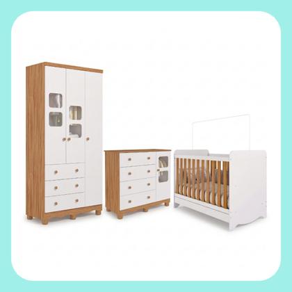 Imagem de Quarto de Bebê Completo com Berço Americano Ben 3 Em 1 Guarda Roupa 3 Portas e Cômoda Uli 4 Gavetas MDF