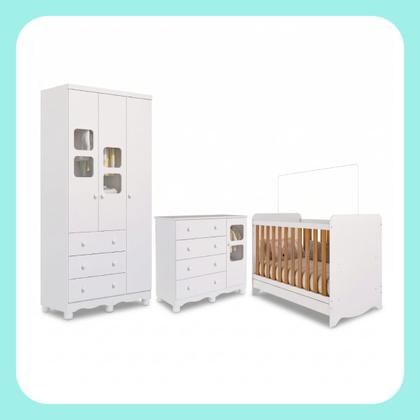 Imagem de Quarto de Bebê Completo com Berço Americano Ben 3 Em 1 Guarda Roupa 3 Portas e Cômoda Uli 4 Gavetas MDF