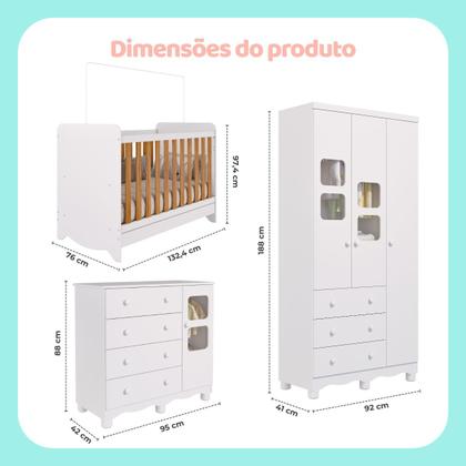 Imagem de Quarto de Bebê Completo com Berço Americano Ben 3 Em 1 Guarda Roupa 3 Portas e Cômoda Uli 4 Gavetas MDF