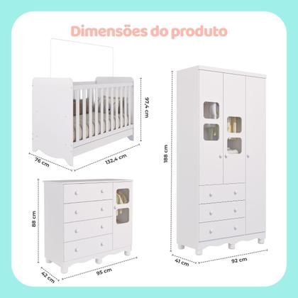 Imagem de Quarto de Bebê Completo com Berço Americano Ben 3 Em 1 Guarda Roupa 3 Portas e Cômoda Uli 4 Gavetas MDF