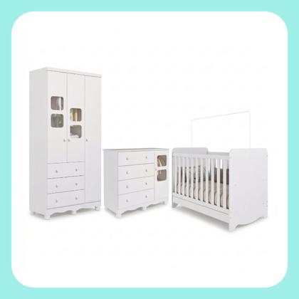 Imagem de Quarto de Bebê Completo com Berço Americano Ben 3 Em 1 Guarda Roupa 3 Portas e Cômoda Uli 4 Gavetas MDF