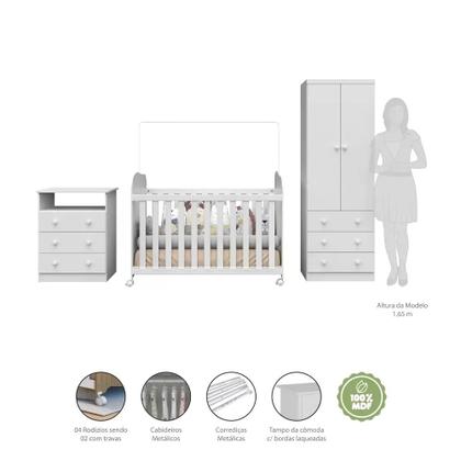 Imagem de Quarto de Bebê Completo com Berço Americano Guarda Roupa Cômoda Cambalhota Espresso Móveis Branco Brilho