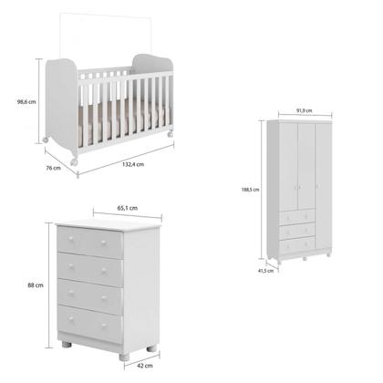 Imagem de Quarto de Bebê Completo com Berço Guarda Roupa 3 Portas e Cômoda 100% MDF Mimo