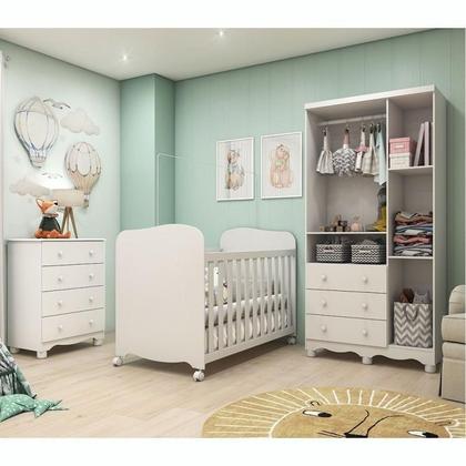 Imagem de Quarto de Bebê Completo com Berço Mini Cama Guarda Roupa 3 Portas e Cômoda 100% MDF Mimo Móveis Peroba Branco Brilho