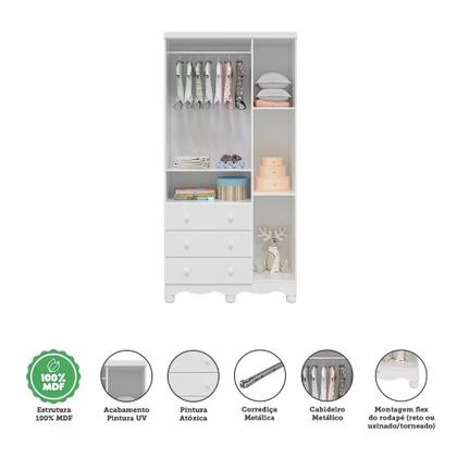 Imagem de Quarto de Bebê Completo com Berço Mini Cama Guarda Roupa 3 Portas e Cômoda 100% MDF Mimo Móveis Peroba Branco Brilho