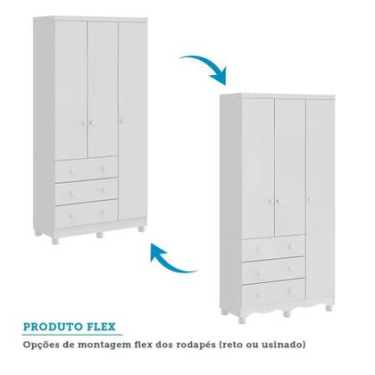 Imagem de Quarto de Bebê Completo com Berço Mini Cama Guarda Roupa 3 Portas e Cômoda 100% MDF Mimo Móveis Peroba Branco Brilho