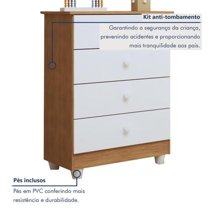 Imagem de Quarto de Bebê Completo com Cômoda, Berço com Colchão e Guarda Roupas Mia Branco/Amadeirado