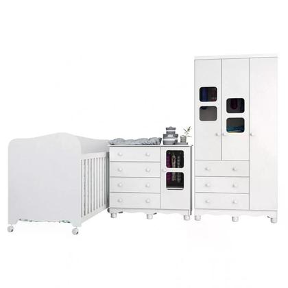 Imagem de Quarto de Bebê Completo com Cômoda Guarda Roupa com Janela e Berço 100% MDF Uli Móveis Peroba Branco Brilho