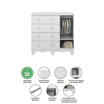 Imagem de Quarto de Bebê Completo com Cômoda Guarda Roupa com Janela e Berço 100% MDF Uli Móveis Peroba Branco Brilho