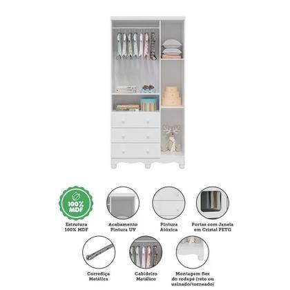 Imagem de Quarto de Bebê Completo com Cômoda Guarda Roupa com Janela e Berço 100% MDF Uli Móveis Peroba Branco Brilho