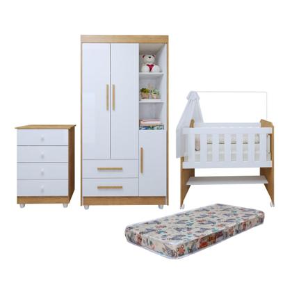 Imagem de Quarto de Bebê Completo com Cômoda, Mini Berço com Colchão e Guarda Roupas Lila Amadeirado/Branco