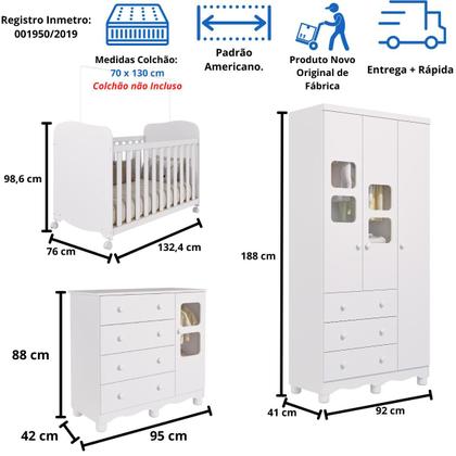 Imagem de Quarto de Bebê Completo com Guarda Roupa 3 Portas Berço Americano Cômoda Uli 4 Gavetas MDF