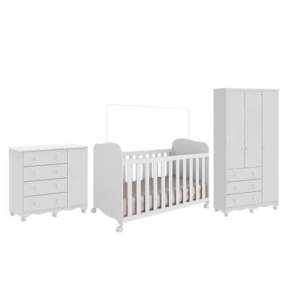 Imagem de Quarto de Bebê Completo com Guarda Roupa 3 Portas Cômoda e Berço 100% MDF Mimo Espresso Móveis Branco Brilho