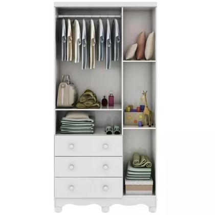 Imagem de Quarto de Bebê Completo com Guarda Roupa 3 Portas Cômoda e Berço Mini Cama 100% MDF Ciranda Móveis Peroba Branco Brilho