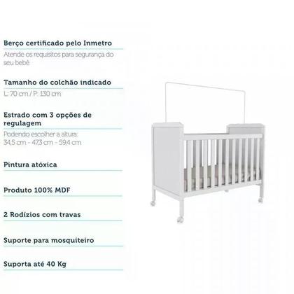 Imagem de Quarto de Bebê Completo com Guarda Roupa 3 Portas Cômoda e Berço Mini Cama 100% MDF Ciranda Móveis Peroba Branco Brilho