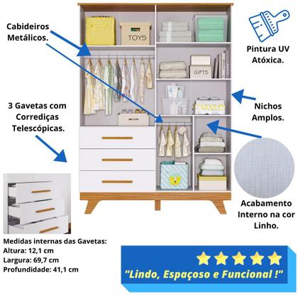 Imagem de Quarto de Bebê Completo com Guarda Roupa 4 Portas Cômoda 4 Gavetas Retrô 100% MDF Móveis Peroba