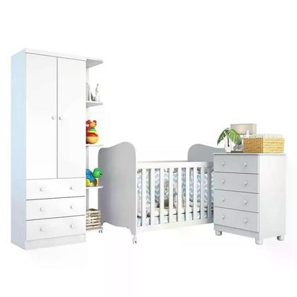 Imagem de Quarto de Bebê Completo com Guarda Roupa Cômoda e Berço Mini Cama 100% MDF Pega-Pega Móveis Peroba Branco Brilho