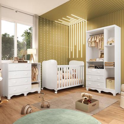 Imagem de Quarto de Bebê Completo com Guarda Roupas 3 Portas Cômoda e Berço com Rodizio 100% Mdf Lana Espresso Branco Brilho