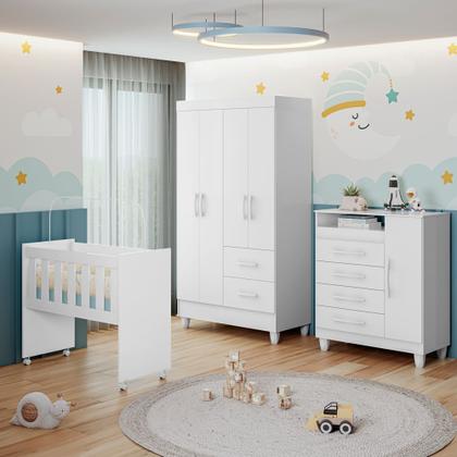 Imagem de Quarto De Bebê Completo Com Moises E Colchão Guarda Roupa 4 Portas 2 Gavetas Cômoda 4 Gavetas 1 Porta Trocador Branco