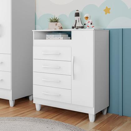 Imagem de Quarto De Bebê Completo Com Moises E Colchão Guarda Roupa 4 Portas 2 Gavetas Cômoda 4 Gavetas 1 Porta Trocador Branco