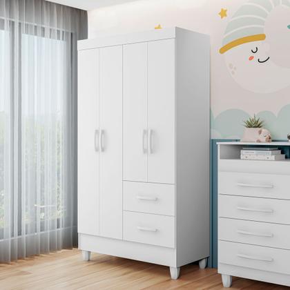 Imagem de Quarto De Bebê Completo Com Moises E Colchão Guarda Roupa 4 Portas 2 Gavetas Cômoda 4 Gavetas 1 Porta Trocador Branco