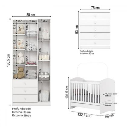 Imagem de Quarto de Bebê Completo Doha 2 Portas 8 Gavetas com Espelho Branco - Henn