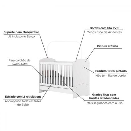 Imagem de Quarto de Bebê Completo Doha 2 Portas 8 Gavetas com Espelho Branco - Henn