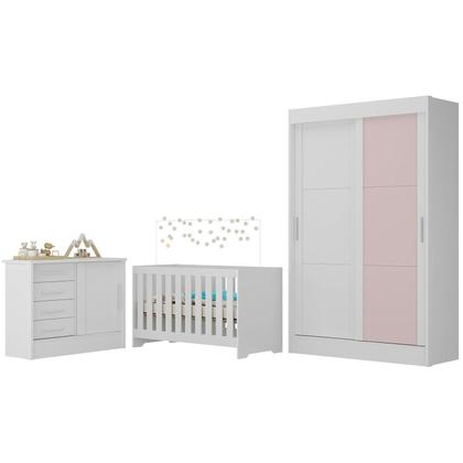 Imagem de Quarto de Bebê Completo Guarda Roupa 2 Portas 2 Gavetas com Cômoda e Berço Maya Espresso Móveis Branco/Rosa